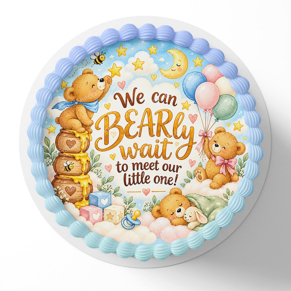 We can BEARly Wait Teddy Bear Little Cute Honey Edible Cake Topper Cake Decoration Photo Cake Image Custom