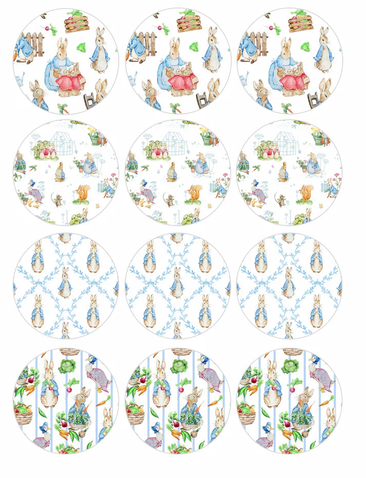 Beatrix Potter Peter Rabbit Garden Pattern Edible Cupcake Toppers Icing Sheet or Wafer Paper