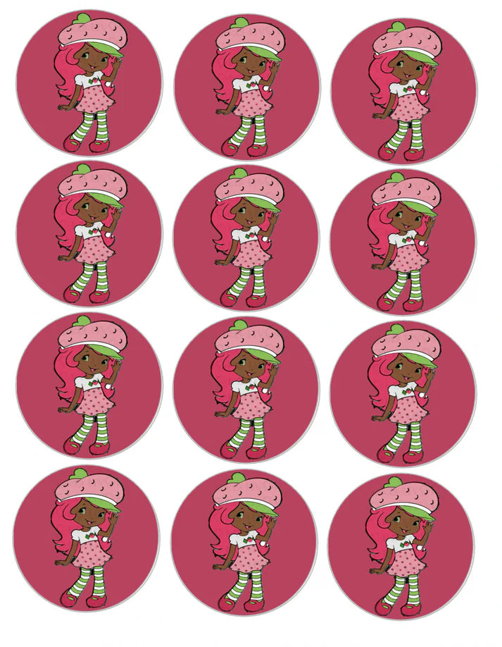 Black Strawberry Shortcake Edible Cupcake Toppers Icing Sheet or Wafer Paper