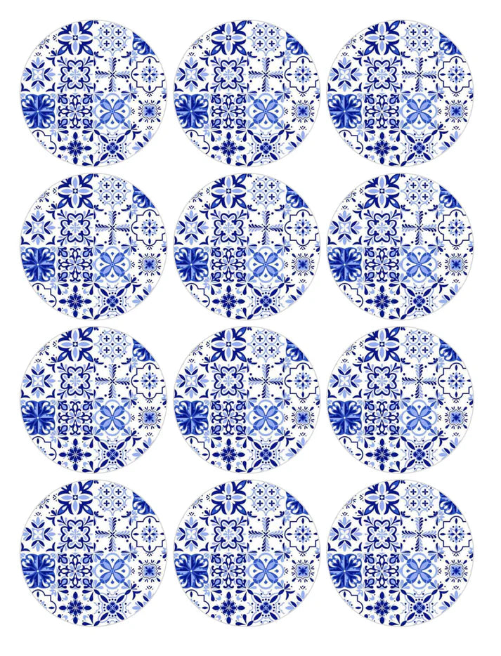 Blue Majolica Tiles Edible Cupcake Toppers Icing Sheet or Wafer Paper
