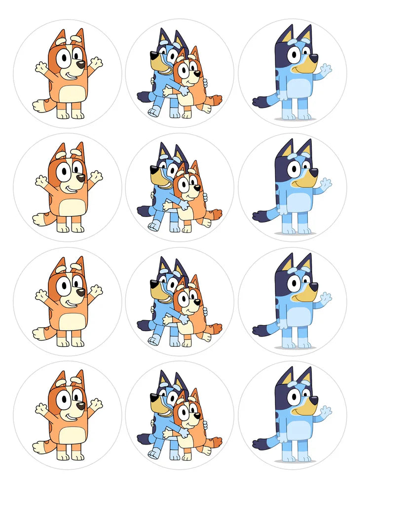 Bluey and Bingo Edible Cupcake Toppers Icing Sheet or Wafer Paper