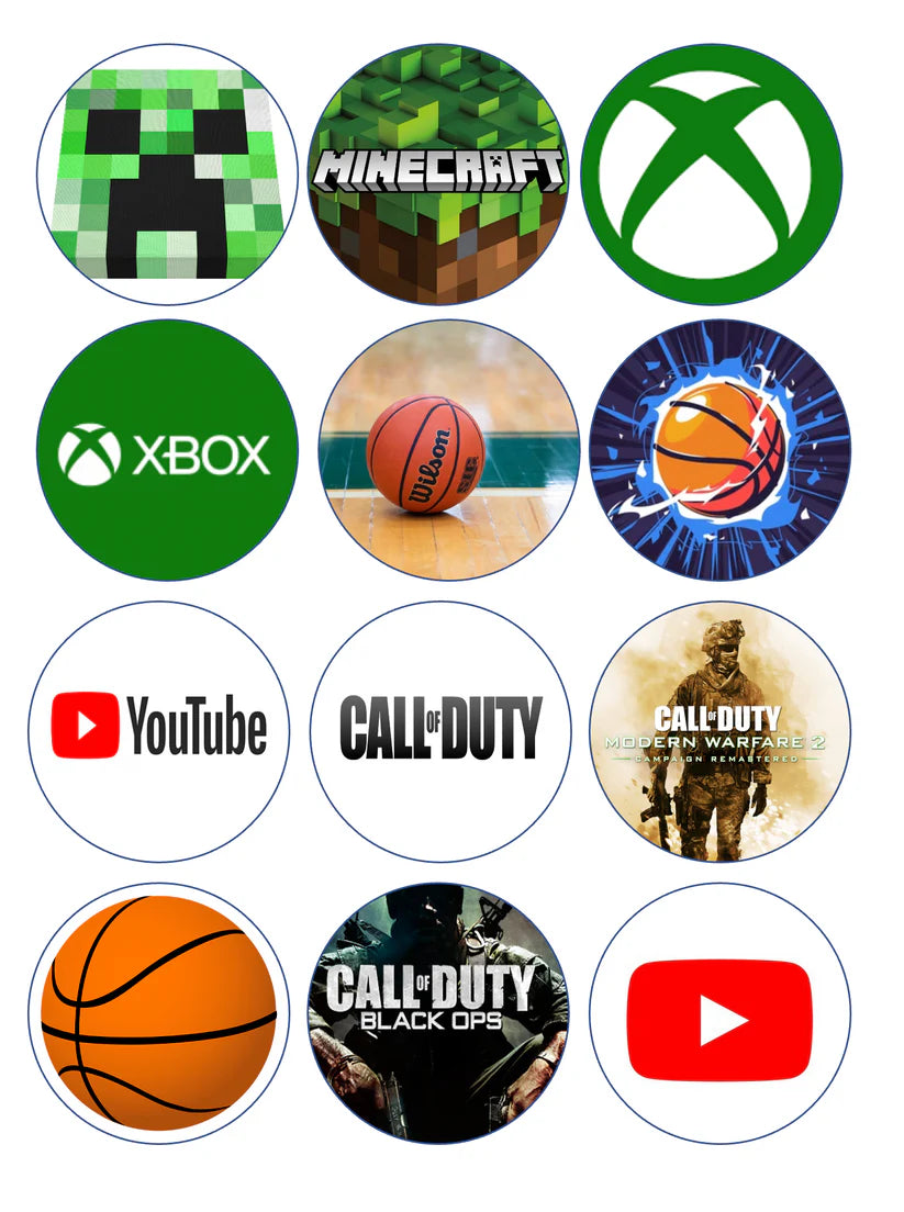 Boys Video Games Sports Mix Edible Cupcake Toppers Icing Sheet or Wafer Paper