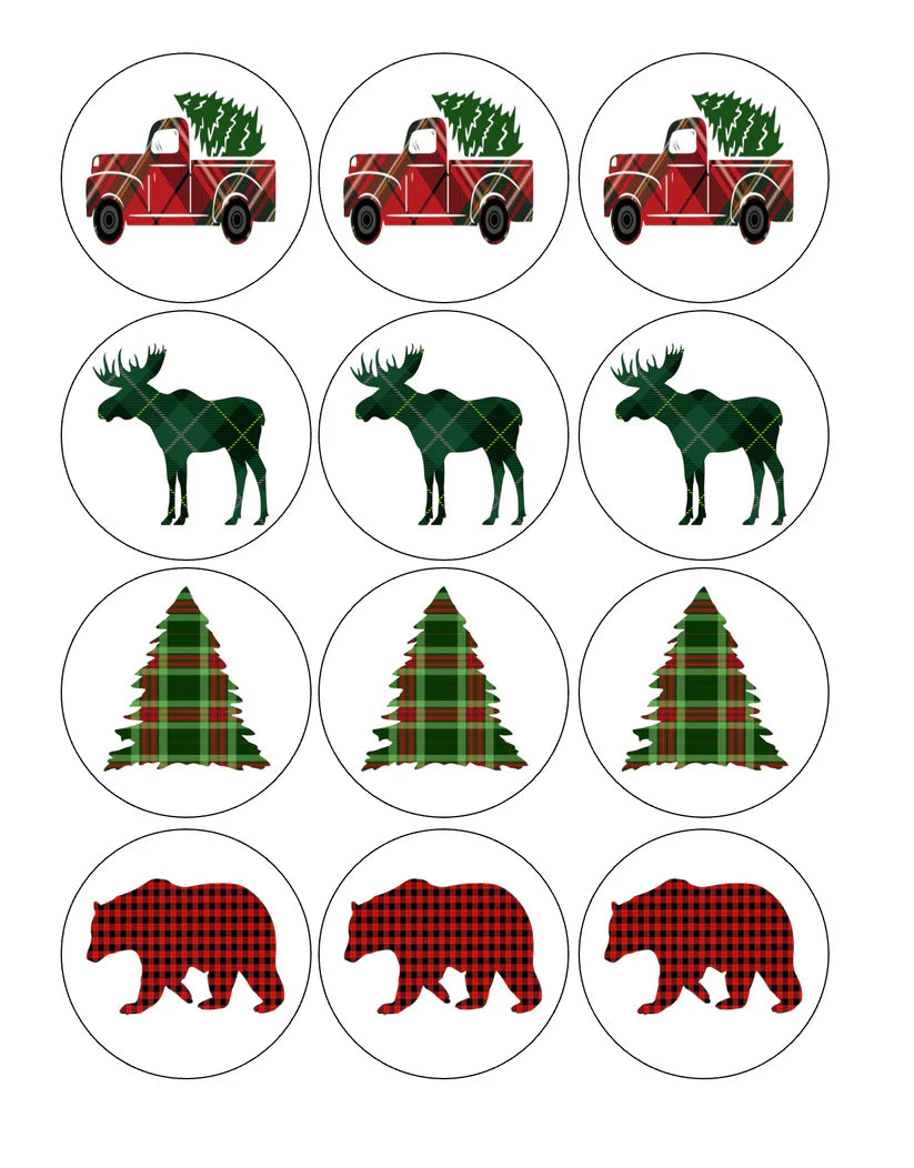 Buffalo Check Plaid Christmas Woodland Holidays Edible Cupcake Toppers Icing Sheet or Wafer Paper