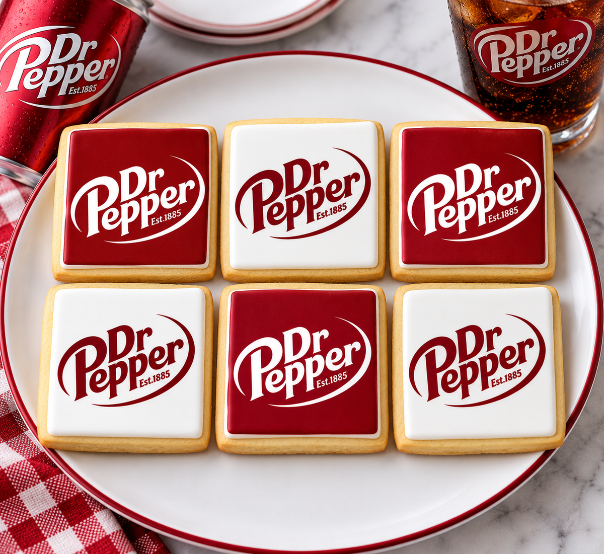 Dr Pepper Edible Cookie Toppers – Square Shape – Icing Sheet or Wafer Paper