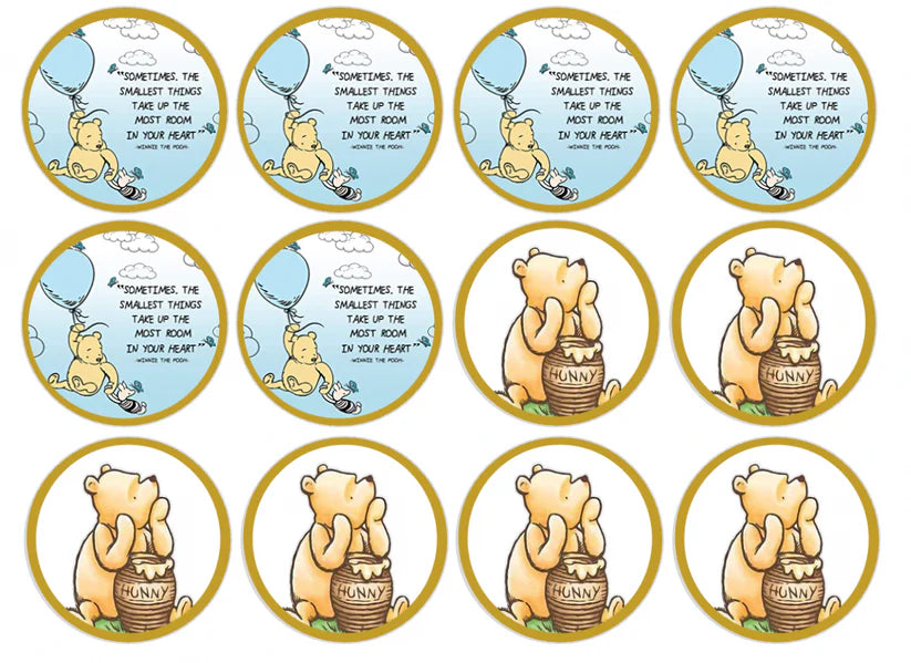 Classic Pooh with Gold Border Edible Cupcake Toppers Icing Sheet or Wafer Paper