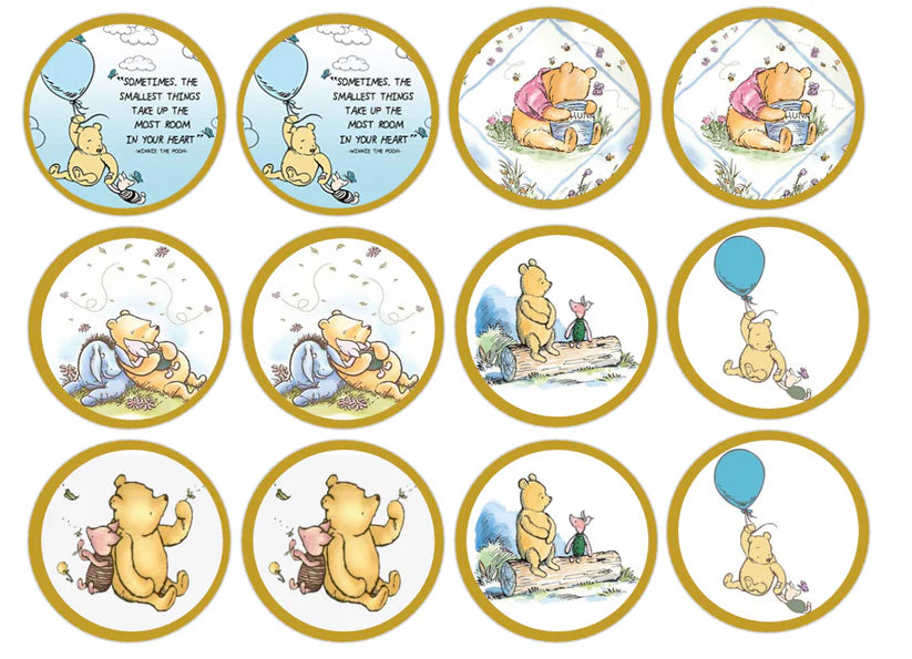 Classic Winnie the Pooh Gold Border 2 Edible Cupcake Toppers Icing Sheet or Wafer Paper