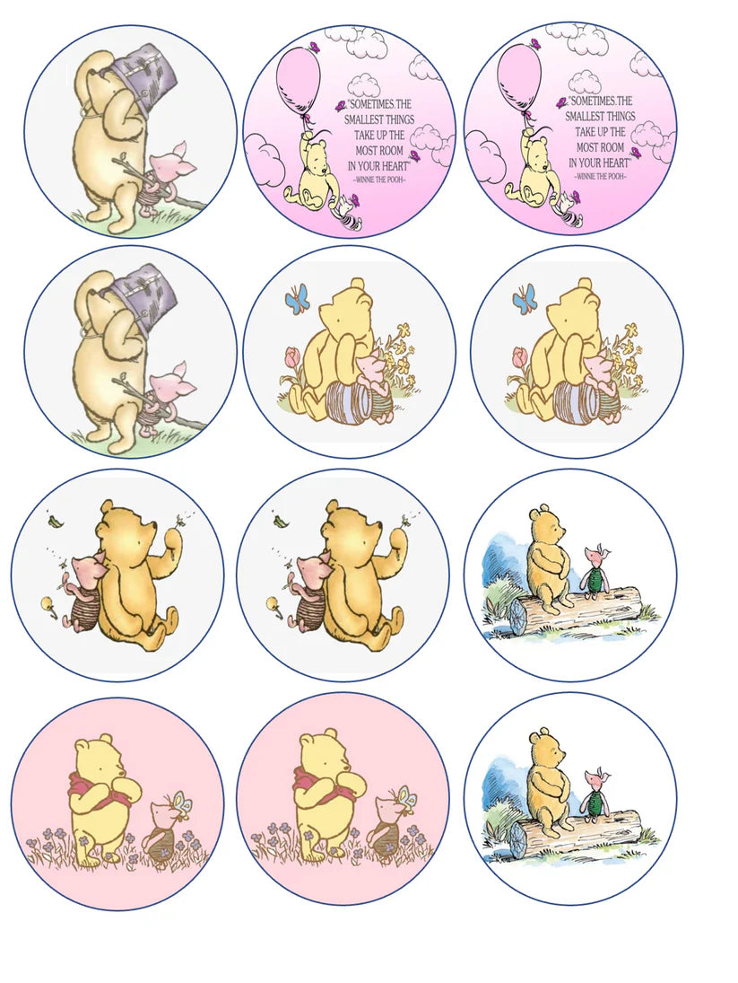 Classic Winnie the Pooh Pink Edible Cupcake Toppers Icing Sheet or Wafer Paper