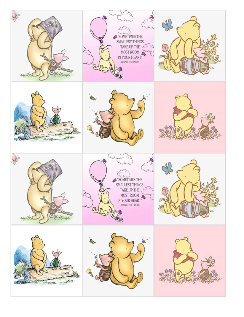 Classic Winnie the Pooh Squares Pink Mix Edible Cupcake Toppers Icing Sheet or Wafer Paper