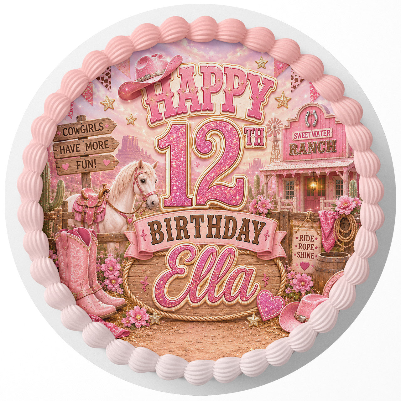 Cowgirl Birthday Edible Cake Topper Image – Pink Horse Ranch Western Cake Decoration – Personalized Round or Rectangle