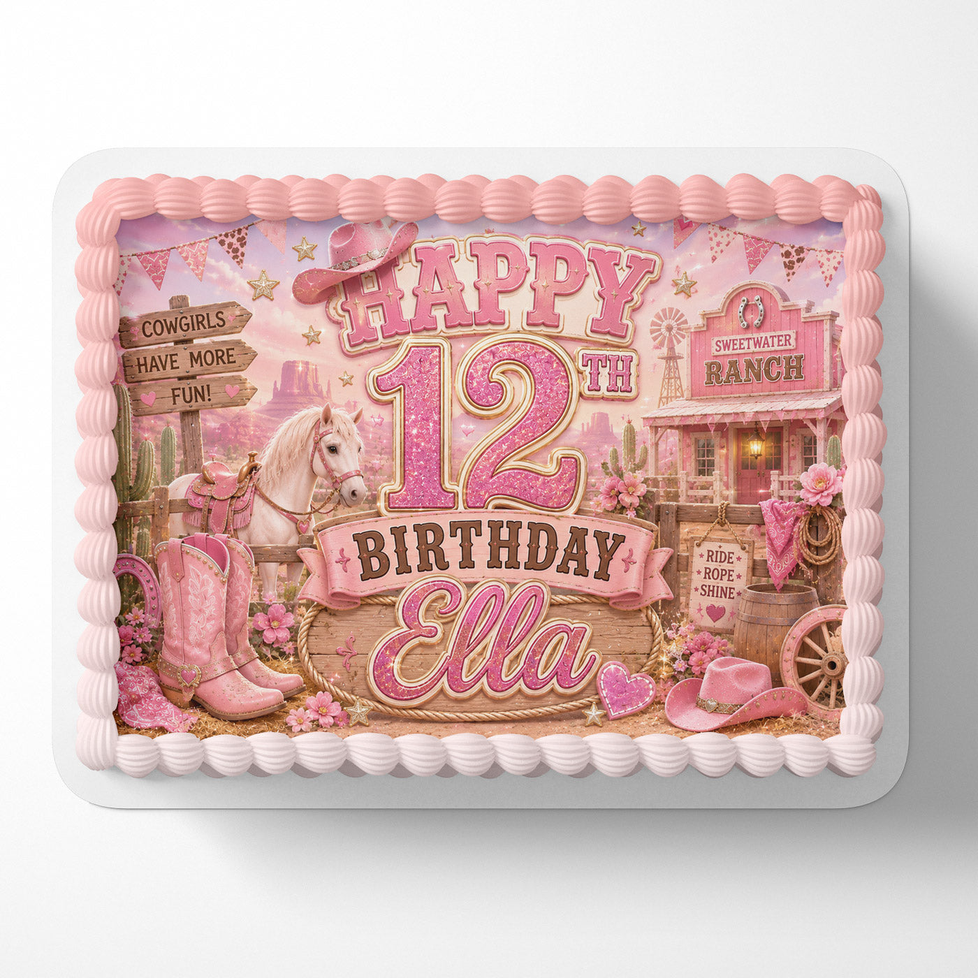 Cowgirl Birthday Edible Cake Topper Image – Pink Horse Ranch Western Cake Decoration – Personalized Round or Rectangle