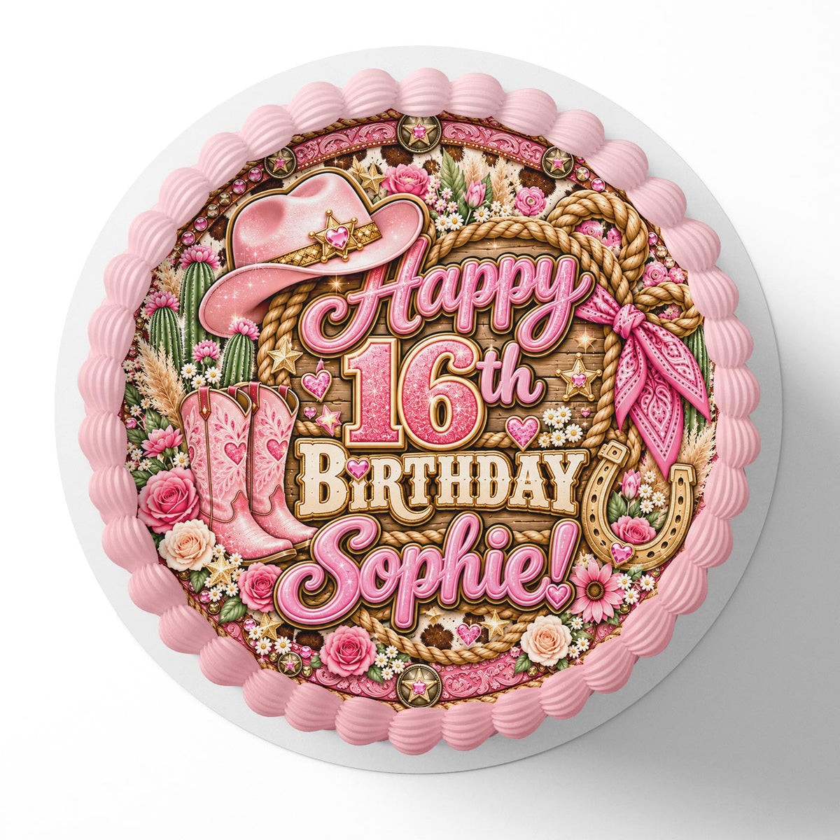 Pink Cowgirl Birthday Cake Topper – Glitter Western Cowboy Boots & Hat, Personalized Rodeo Birthday Party Decoration