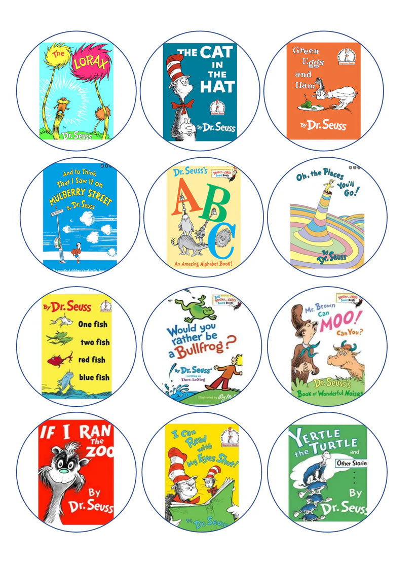 Dr Seuss Book Covers Framed Edible Cupcake Toppers Icing Sheet or Wafer Paper