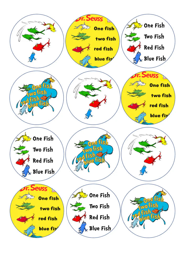 Dr Seuss One Fish Two Fish Edible Cupcake Toppers Icing Sheet or Wafer Paper