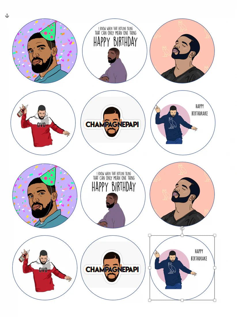 Drake Birthday Champagne Papi Edible Cupcake Toppers Icing Sheet or Wafer Paper
