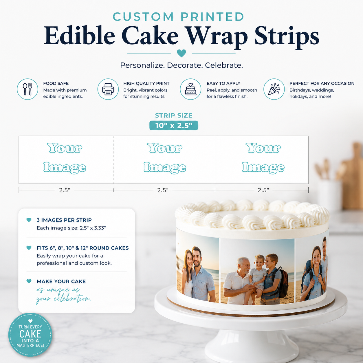Custom Printed Edible Cake Wrap Strips | Photo Cake Wrap | Edible Cake Side Strips | Custom Icing Sheet Decoration