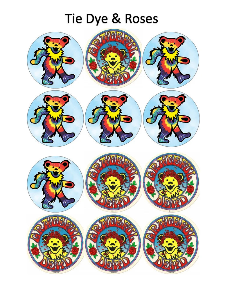 Grateful Dead Dancing Bears and Roses Edible Cupcake Toppers Icing Sheet or Wafer Paper