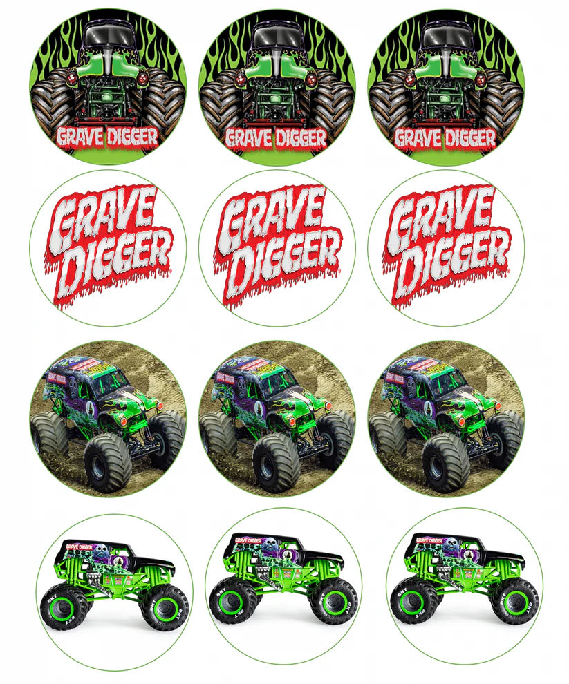 Grave Digger Monster Jam Edible Cupcake Toppers Icing Sheet or Wafer Paper