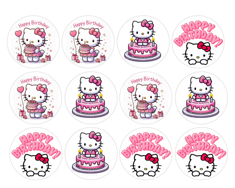 Hello Kitty Birthday Cake Edible Cupcake Toppers Icing Sheet or Wafer Paper