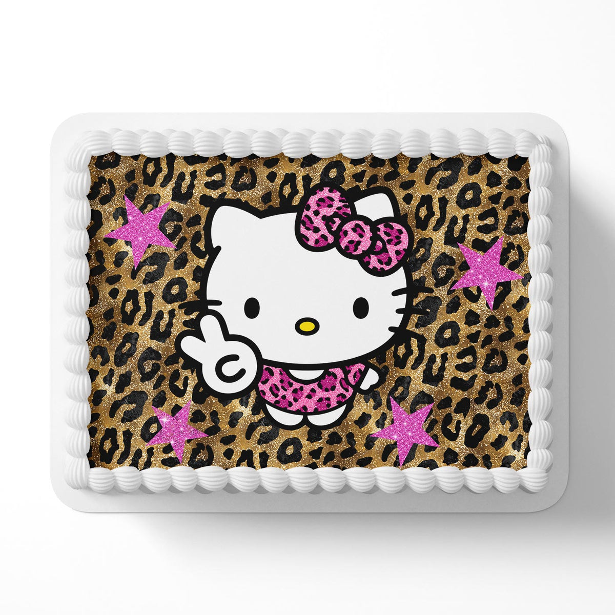Hello Kitty Cute Glitter Leopard Print Heart Birthday Cake Topper โ Happy Birthday Edible Cake Image โ Personalized Icing Sheet for Cakes