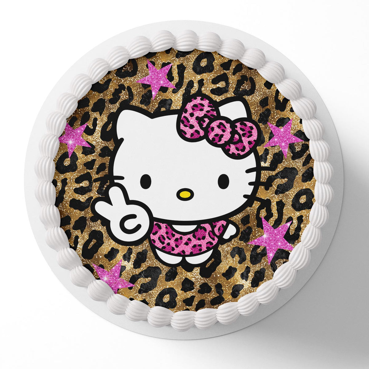 Hello Kitty Cute Glitter Leopard Print Heart Birthday Cake Topper โ Happy Birthday Edible Cake Image โ Personalized Icing Sheet for Cakes