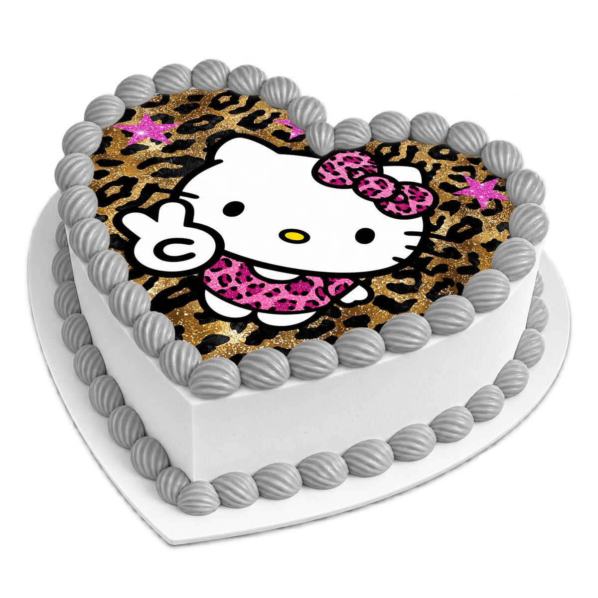 Hello Kitty Cute Glitter Leopard Print Heart Birthday Cake Topper โ Happy Birthday Edible Cake Image โ Personalized Icing Sheet for Cakes