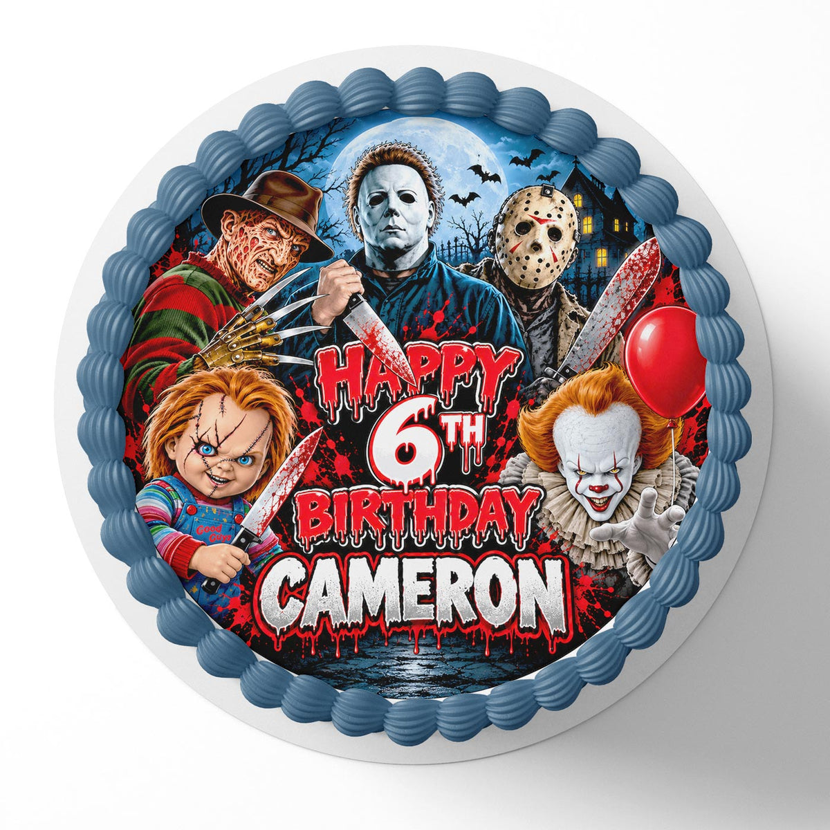 Horror Halloween Cake Topper โ Scary Movie Characters Edible Cake Image, Custom Birthday Cake Decoration