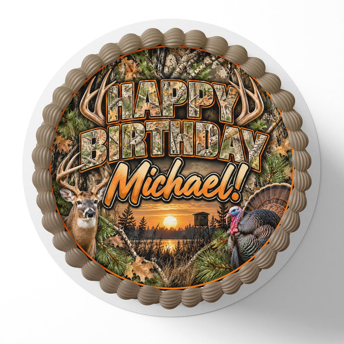 Custom Hunting Birthday Cake Topper โ Deer & Turkey Mossy Oak Camouflage Edible Cake Image
