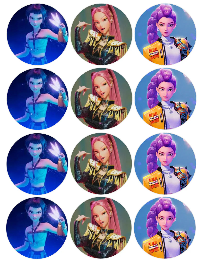 K Pop Demon Hunters Cast Mix Edible Cupcake Toppers Icing Sheet or Wafer Paper