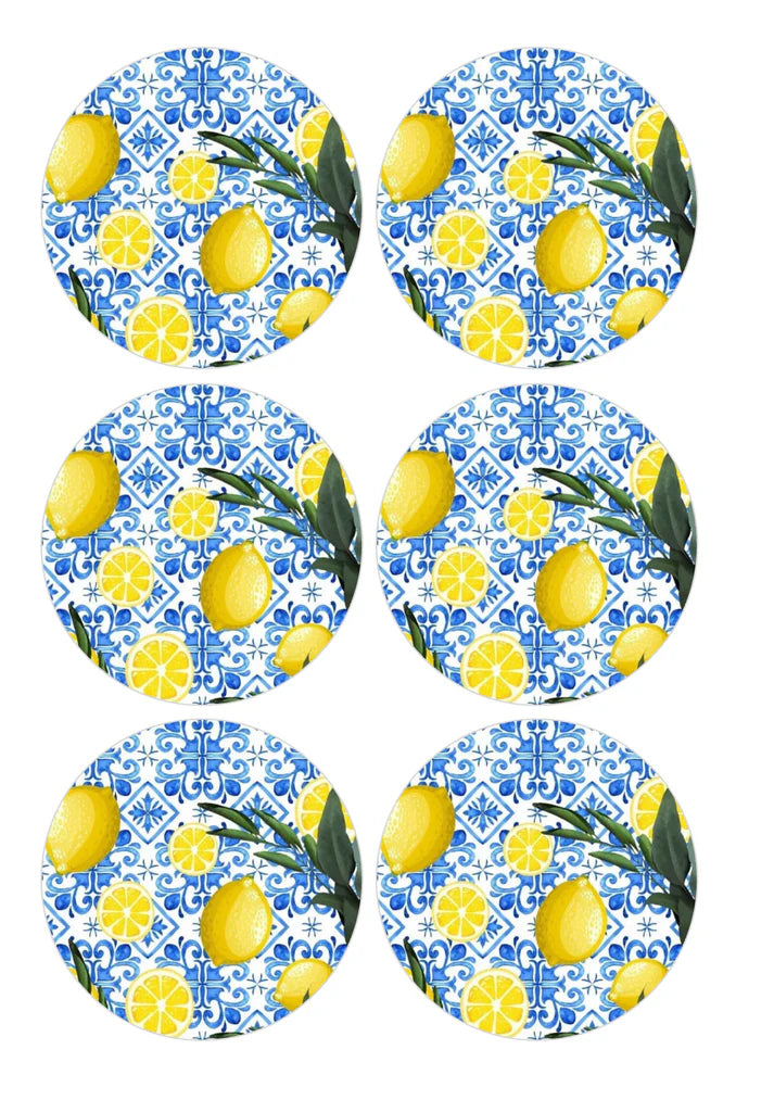Lemons and Blue Majolica Tiles Edible Cupcake Toppers Icing Sheet or Wafer Paper