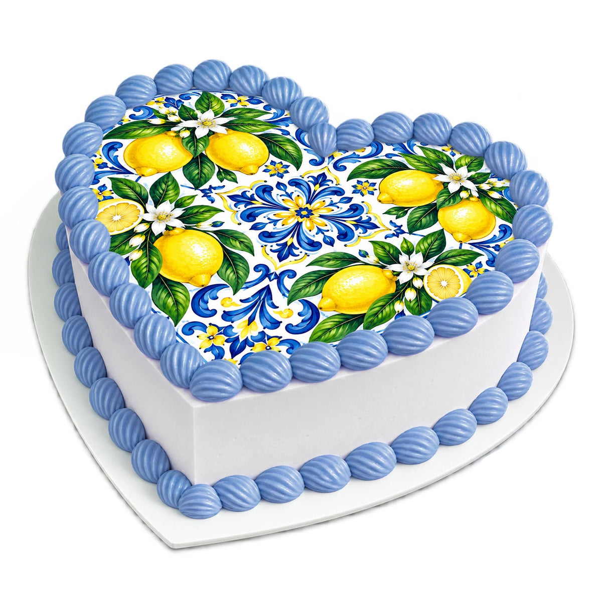 Mediterranean Lemon Tile Cake Topper – Blue & White Italian Citrus Edible Cake Image