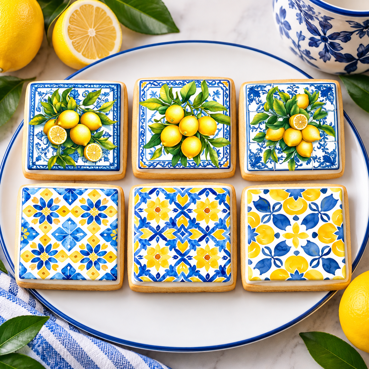 Mediterranean Lemon Tile Edible Cookie Toppers – Square Shape – Icing Sheet or Wafer Paper