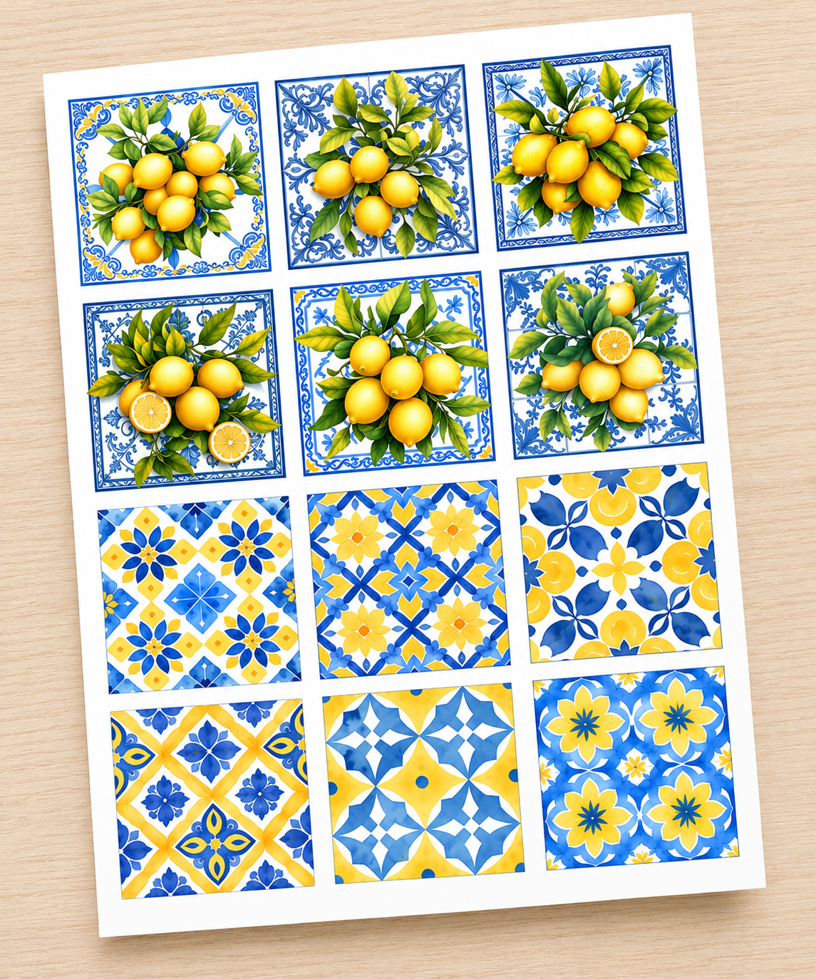 Mediterranean Lemon Tile Edible Cookie Toppers – Square Shape – Icing Sheet or Wafer Paper