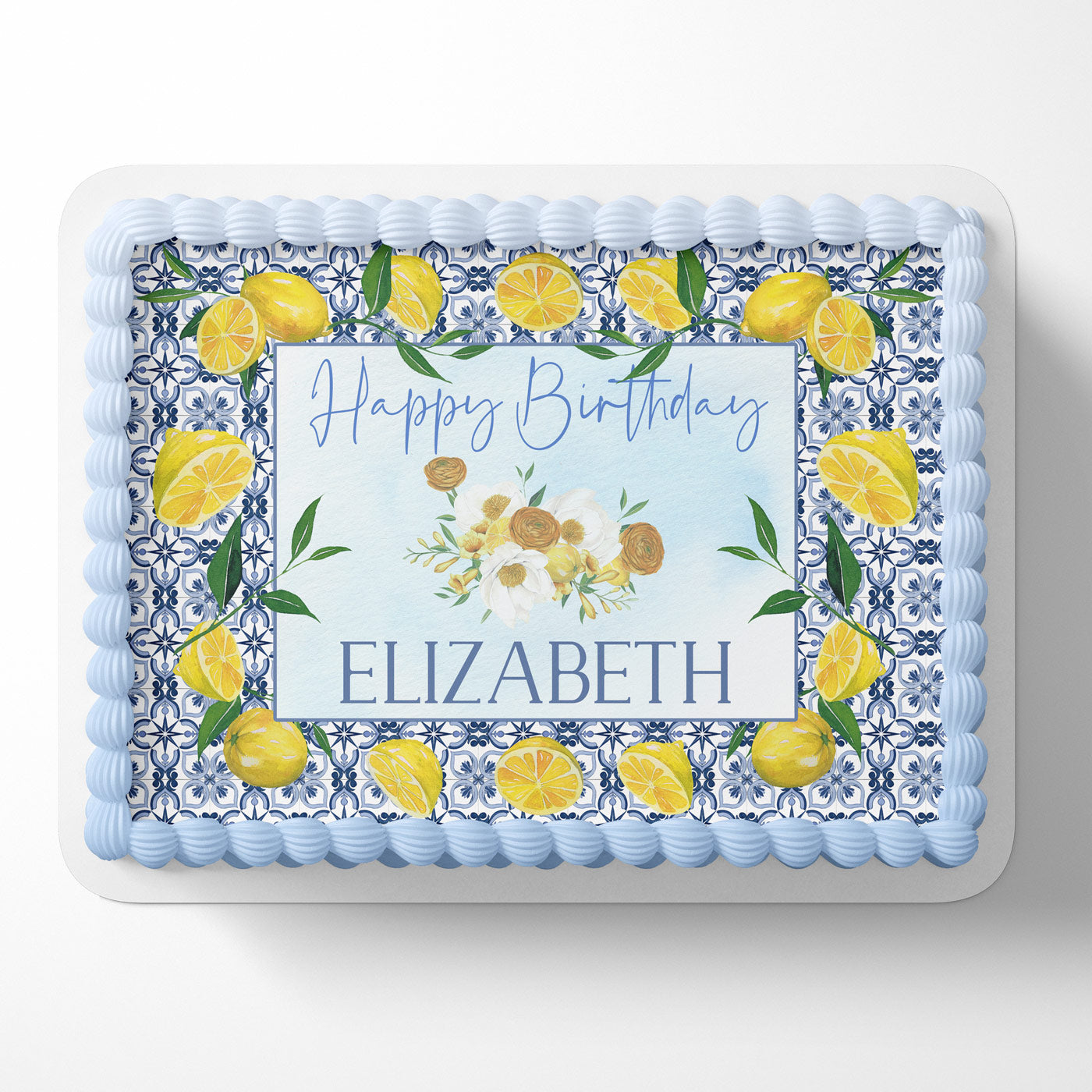 Mediterranean Mosaic Amalfi Lemons Tile Italian Blue Yellow Custom Edible Cake Image Cake Decoration