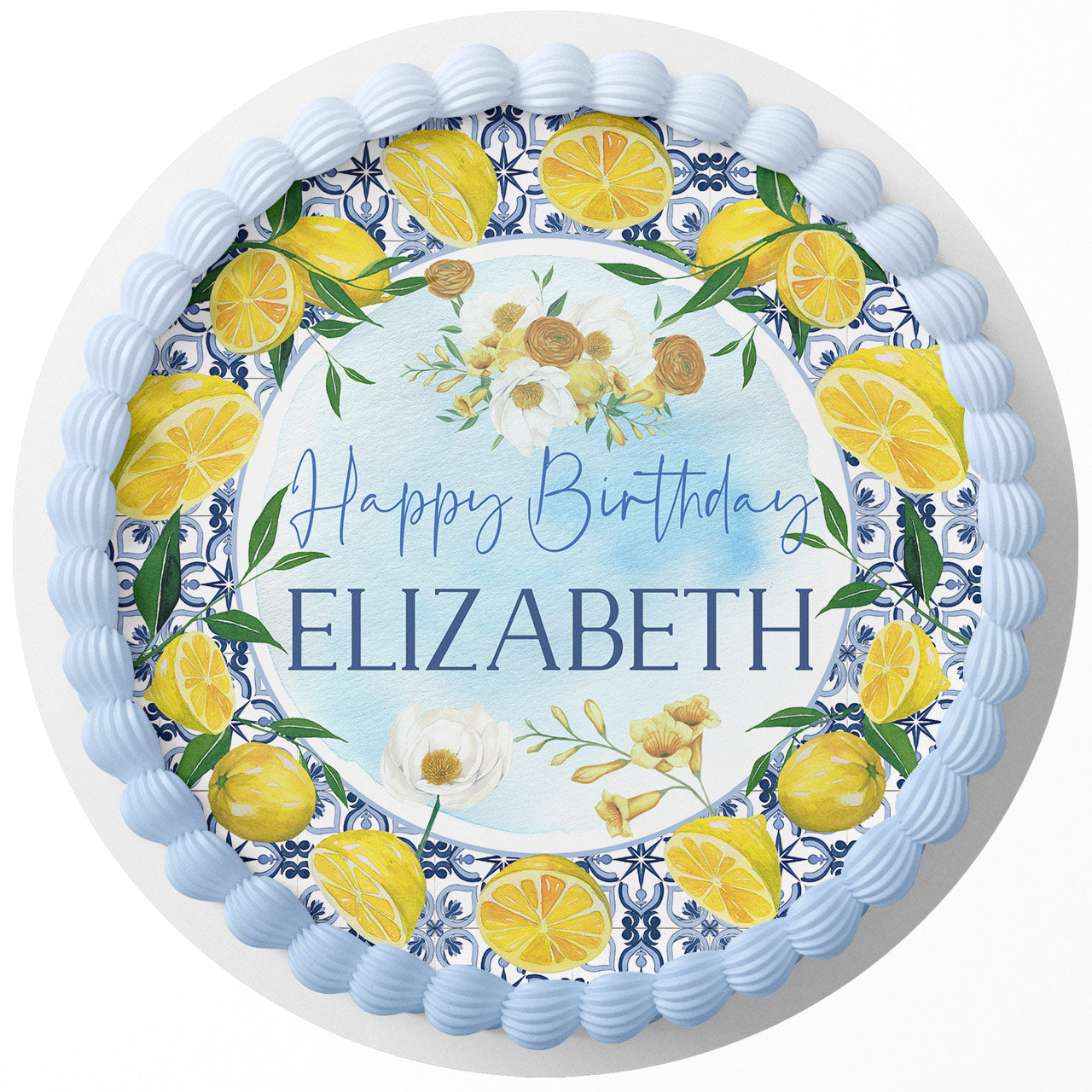 Mediterranean Mosaic Amalfi Lemons Tile Italian Blue Yellow Custom Edible Cake Image Cake Decoration