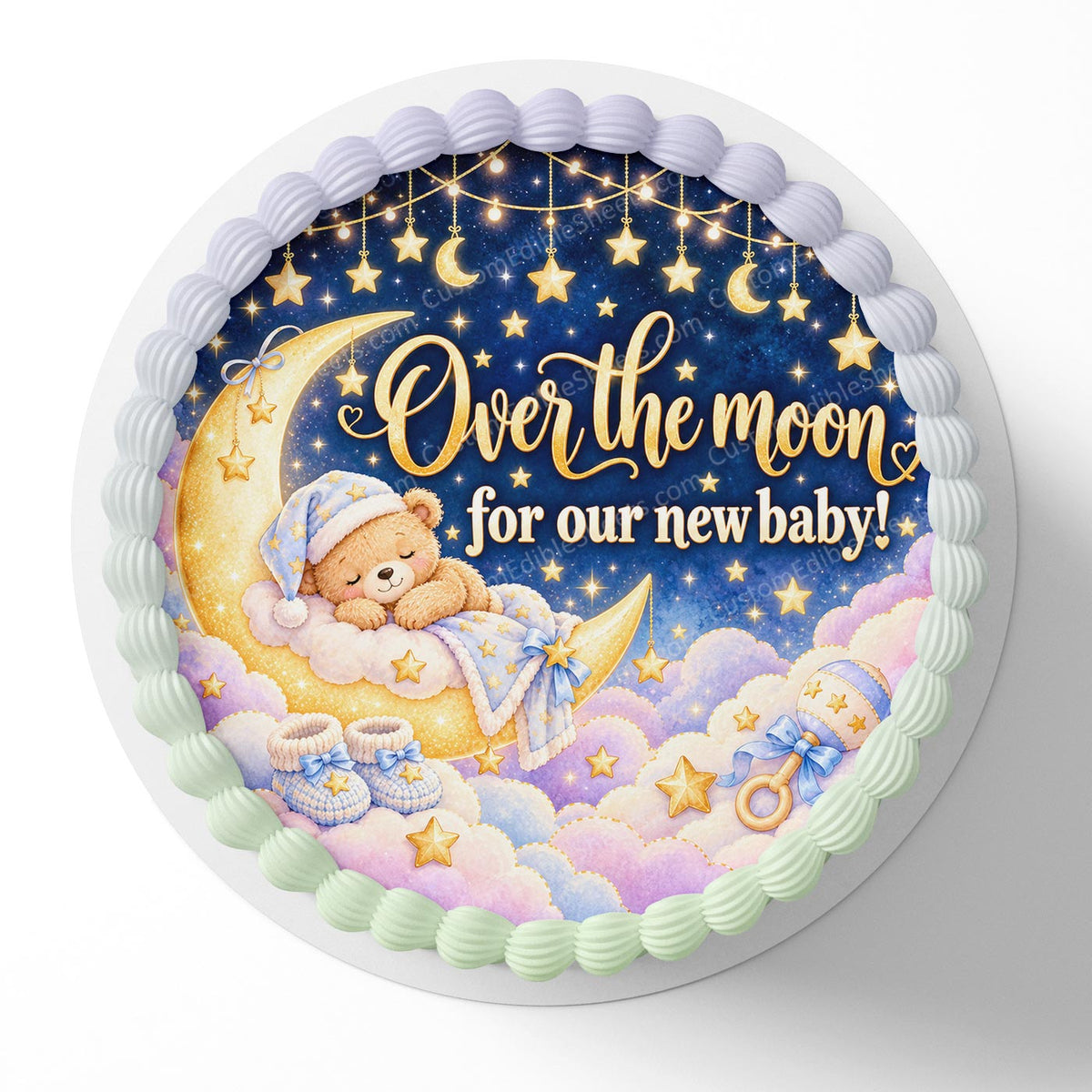 Over The Moon For Our New Baby! Edible Cake Topper Cake Decoration Photo Cake Image Custom