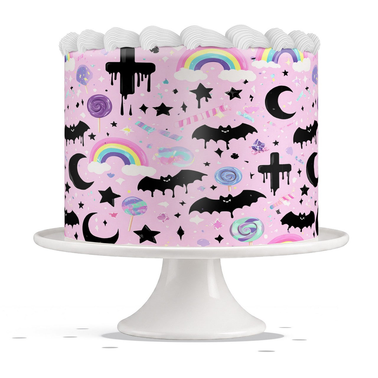 Pastel Gothic Rainbows and Bats edible cake wrap strip icing sheet
