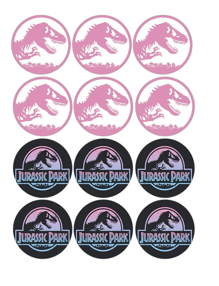 Pink Jurassic Park Jurassic World Edible Cupcake Toppers Icing Sheet or Wafer Paper