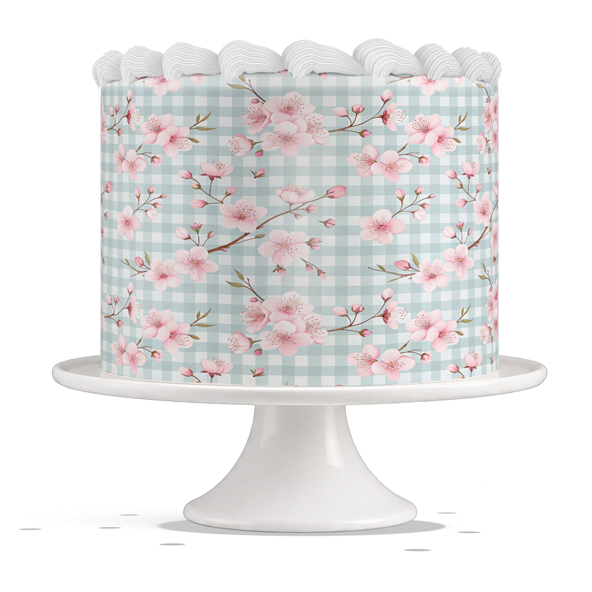 Pink Sakura Cherry Blossom Blue Gingham Edible Cake Wrap Strip – - Edible Cake Topper | Icing Sheet | Birthday Cake Decoration