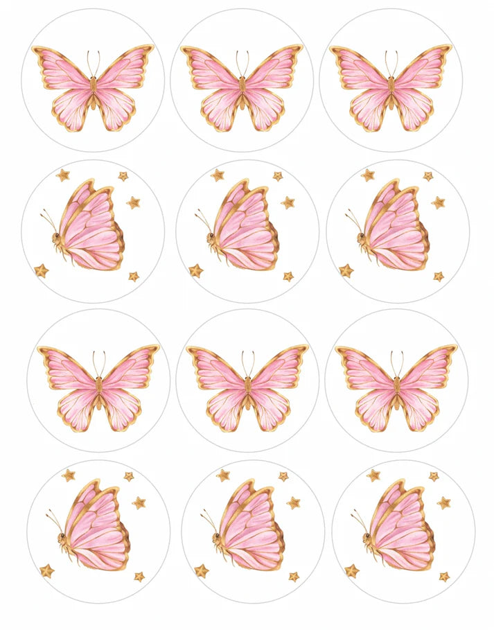 Pink and Gold Butterfly Solo Edible Cupcake Toppers Icing Sheet or Wafer Paper