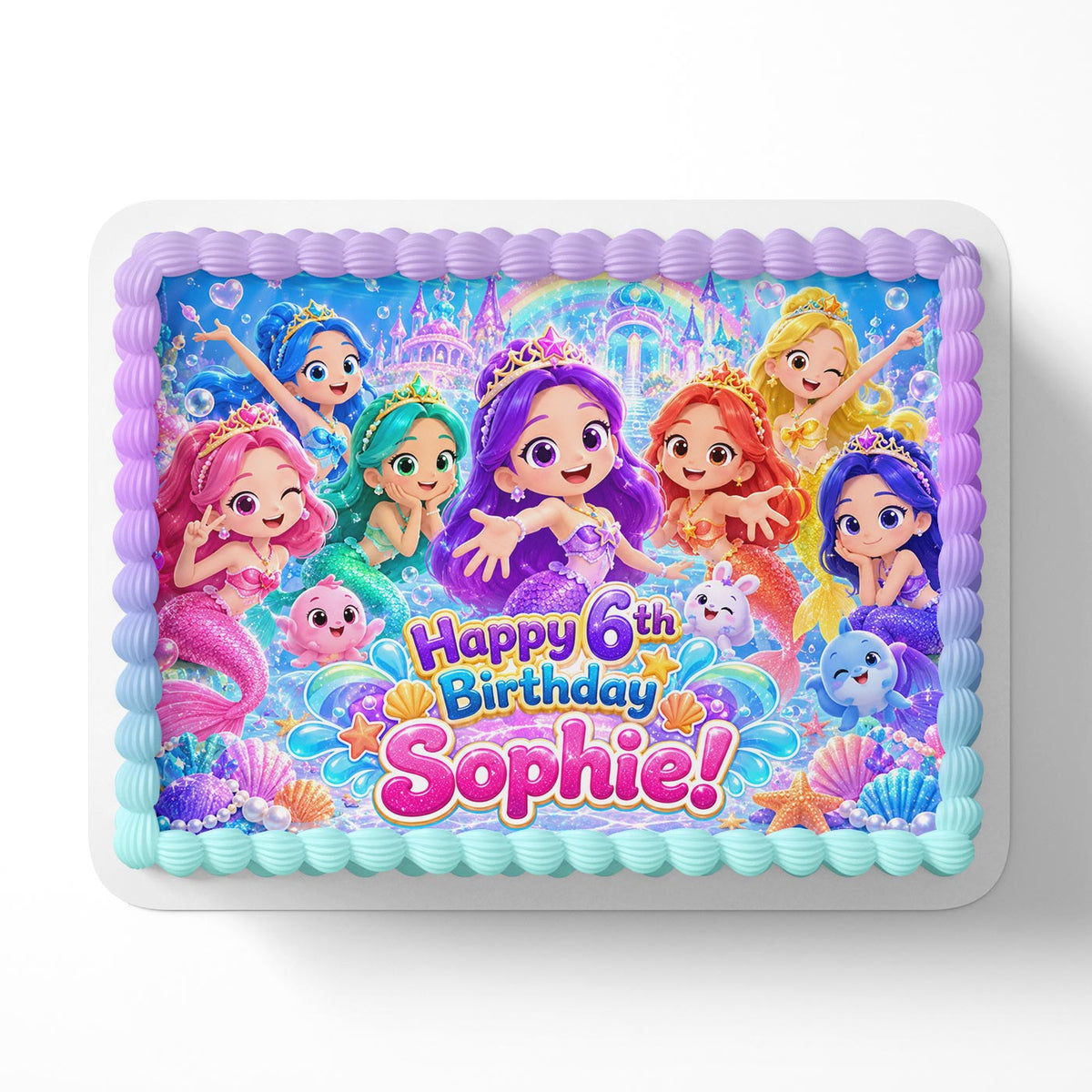Rainbow Bubblegem Mermaid Girls Edible Cake Topper | Birthday Cake Decoration | Photo Cake Image | Custom Edible Cake Topper