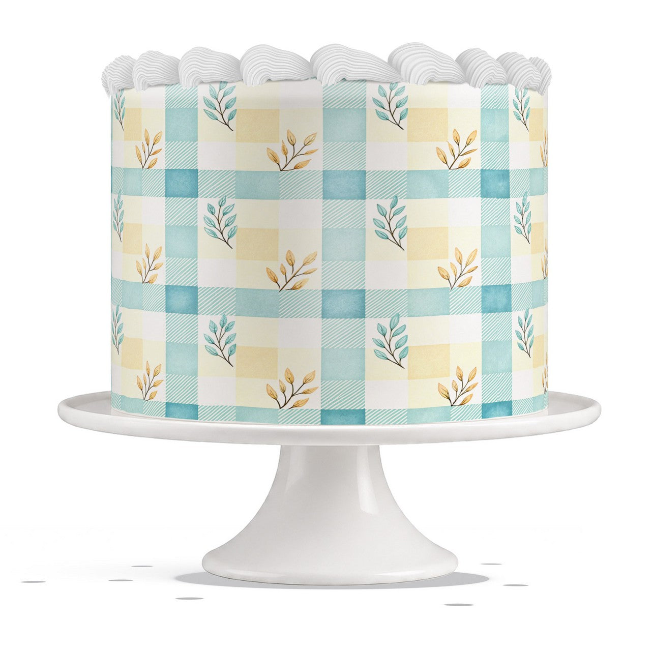 Soft Blue Gingham Leaves edible cake wrap strip icing sheet