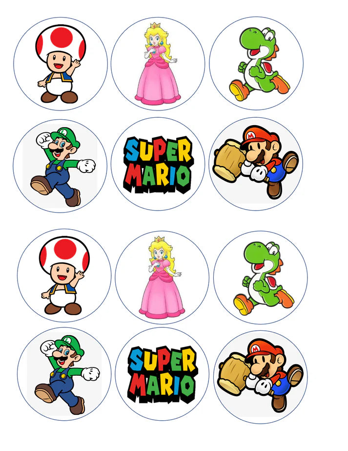 Super Mario Character Mix Edible Cupcake Toppers Icing Sheet or Wafer Paper