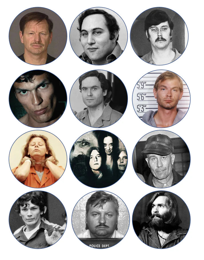 True Crime Serial Killers Mix 1 Edible Cupcake Toppers Icing Sheet or Wafer Paper
