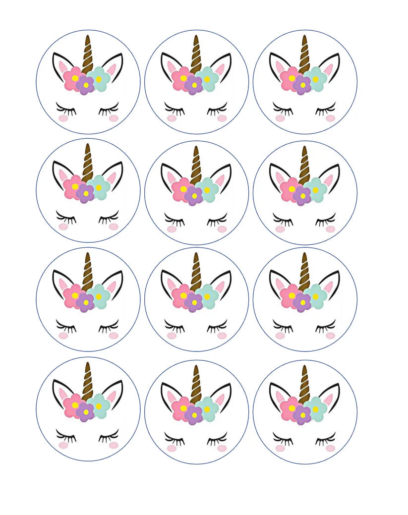 Unicorn Face Edible Cupcake Toppers Icing Sheet or Wafer Paper