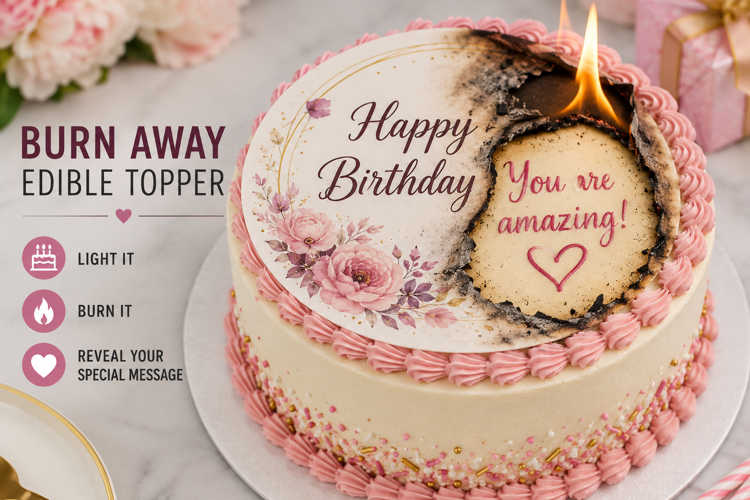 Custom Edible Burn Away Cake Topper | Personalized Photo Reveal Cake Decoration