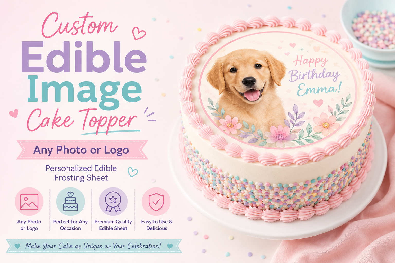 Custom Edible Image Cake Topper: Any Photo or Logo Personalized Frosting Sheet