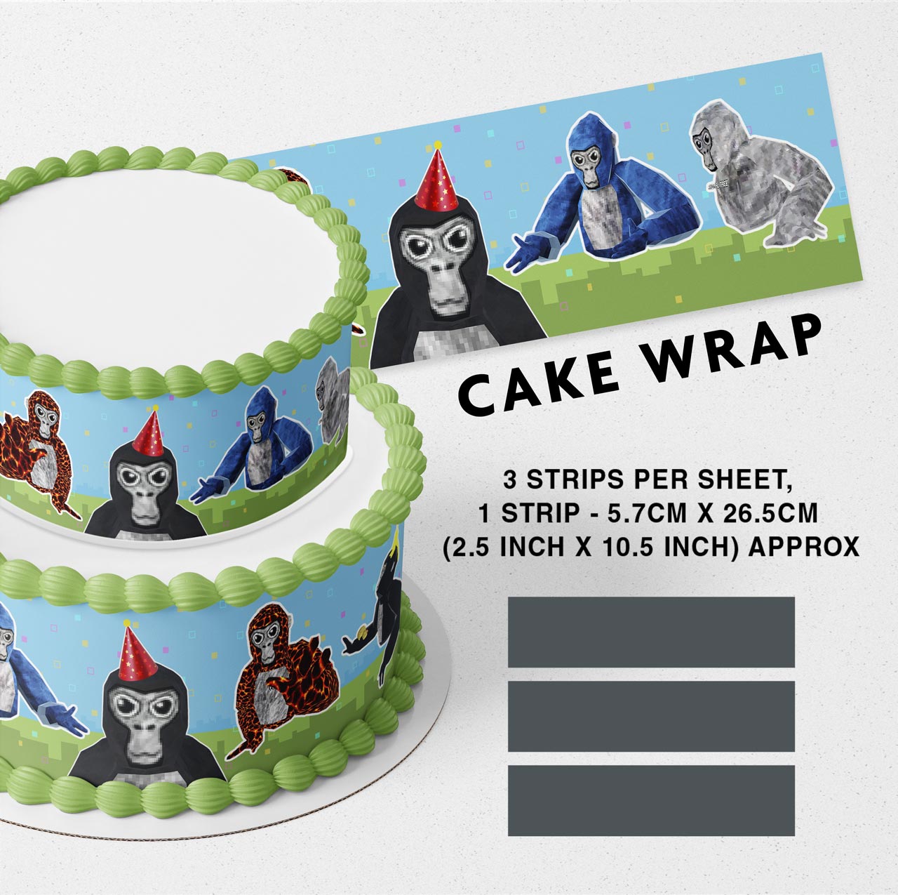 Gorilla VR Strips Edible Icing Printed Cake Wrap Strips Topper Ribbon Border image 0