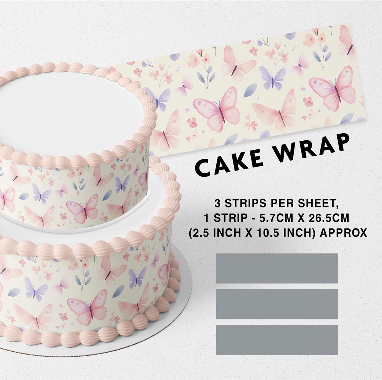 Light Pink Butterflies Flowers Edible Icing Printed Cake Wrap Strips Topper Ribbon Border image 0