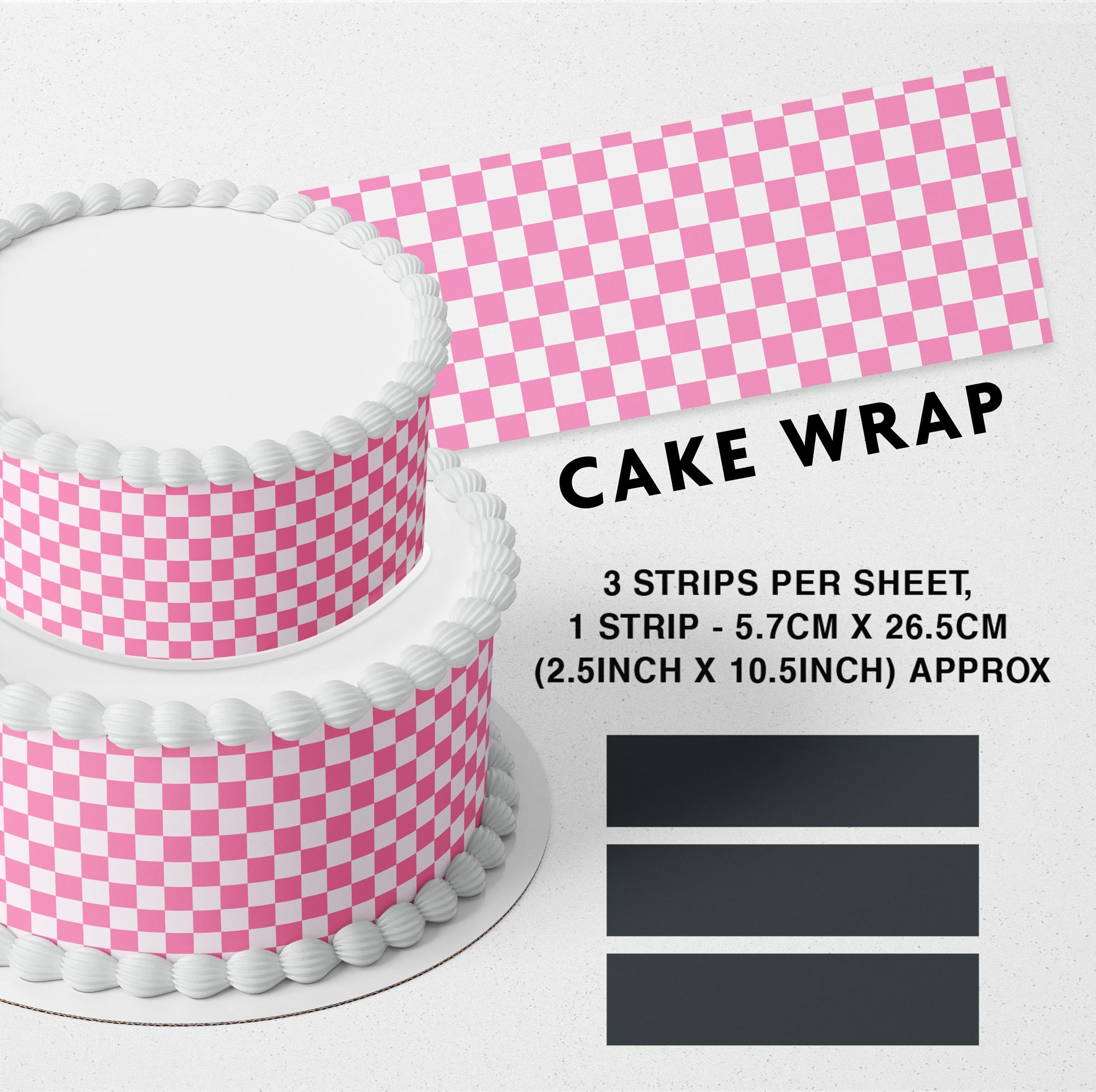 Bubblegum Pink Checkered Edible Icing Printed Cake Wrap Strips Topper Ribbon Border image 0