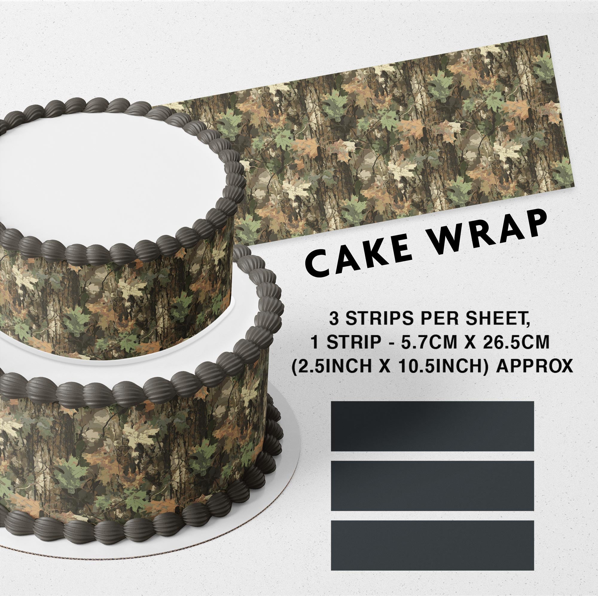 Green Classic Forest Camo Edible Icing Printed Cake Wrap Strips Topper Ribbon Border image 0